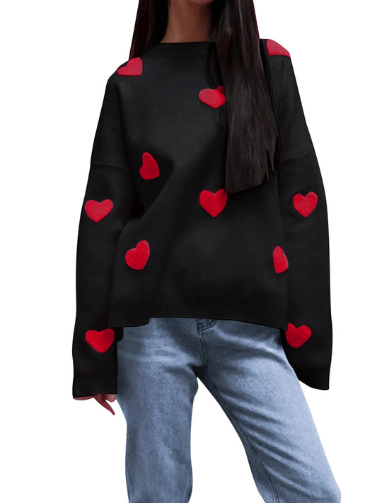 Heart Round Neck Long Sleeve Sweater - Velora Luxury Fashion
