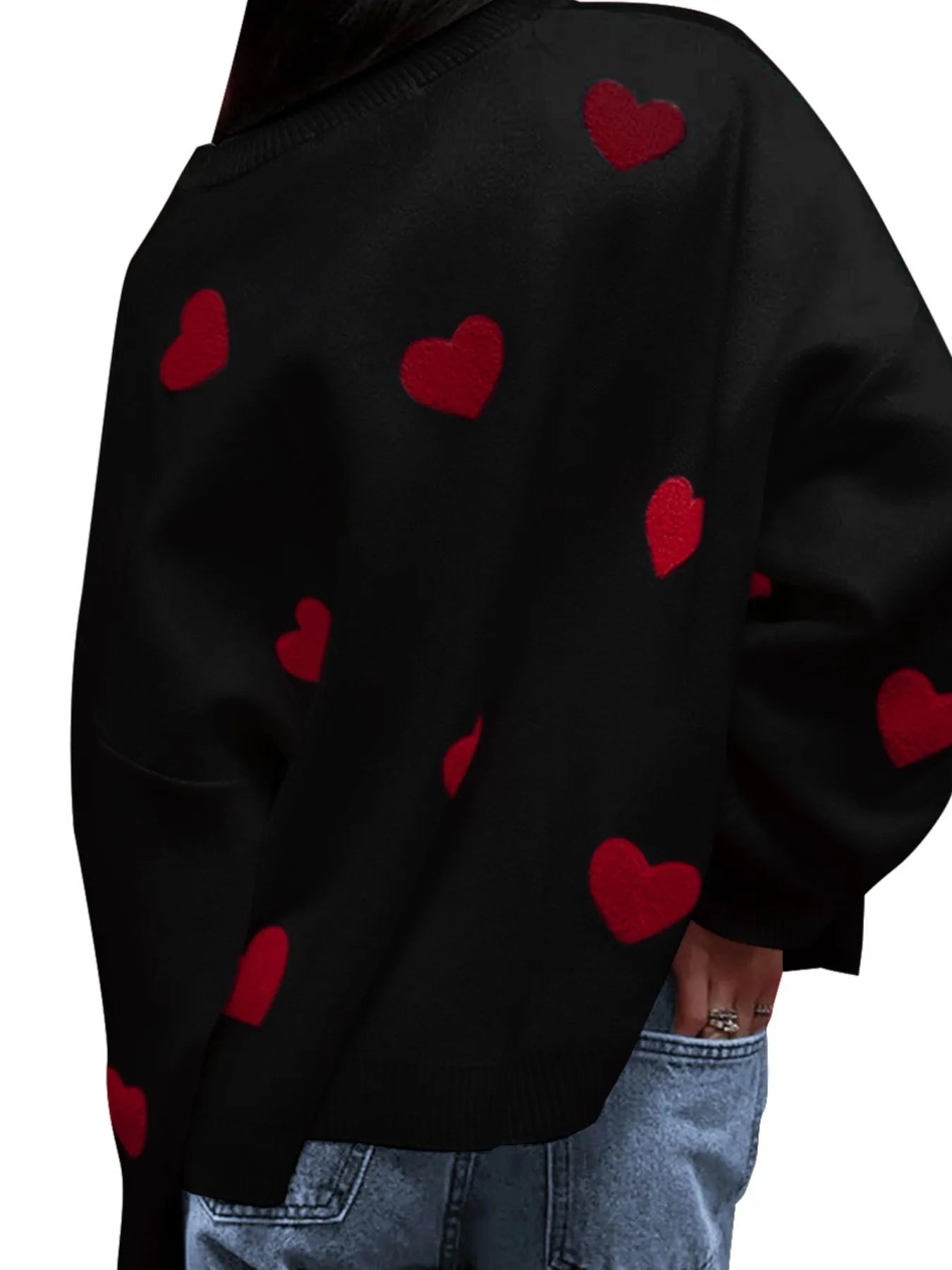 Heart Round Neck Long Sleeve Sweater - Velora Luxury Fashion