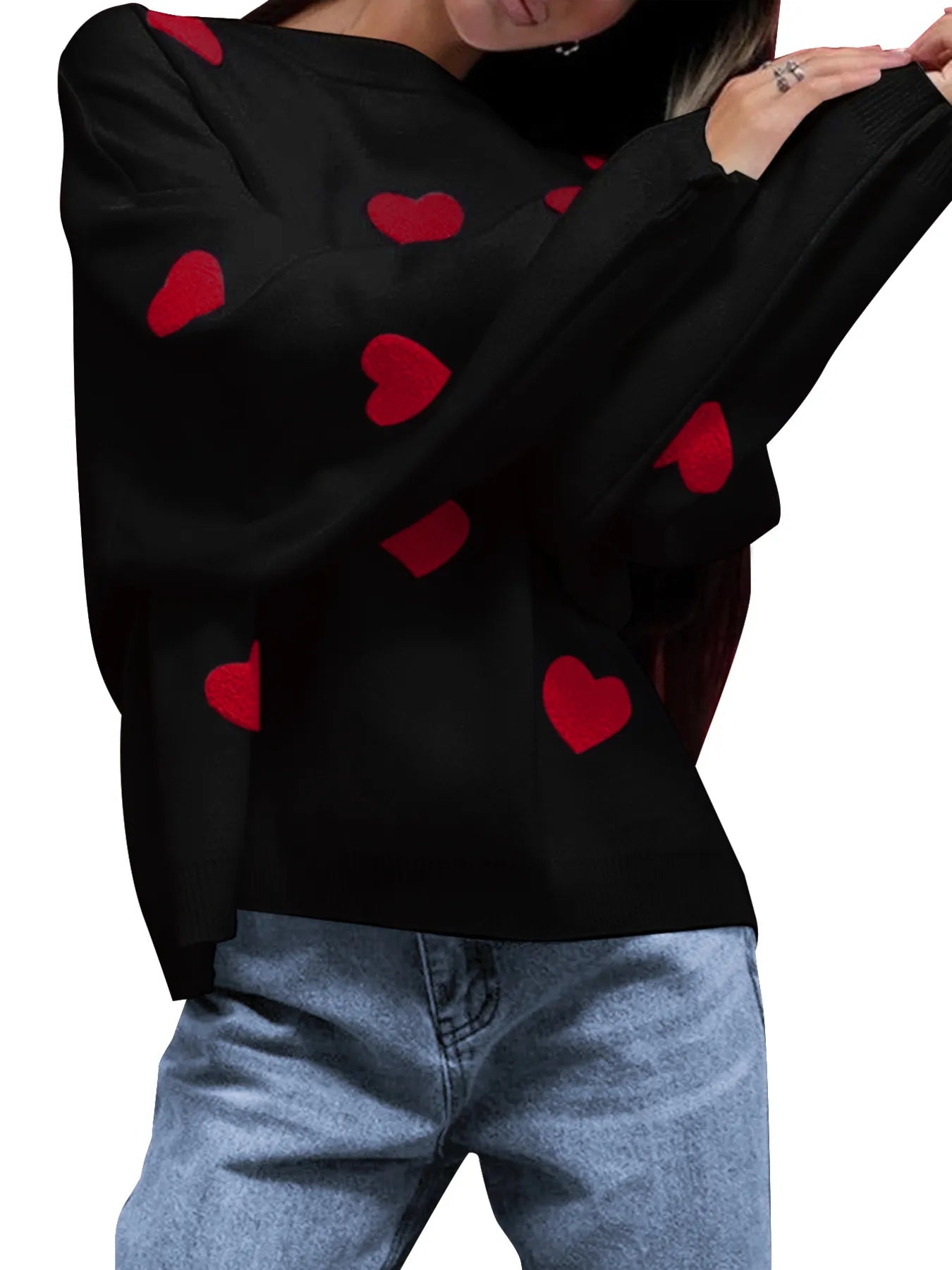 Heart Round Neck Long Sleeve Sweater - Velora Luxury Fashion