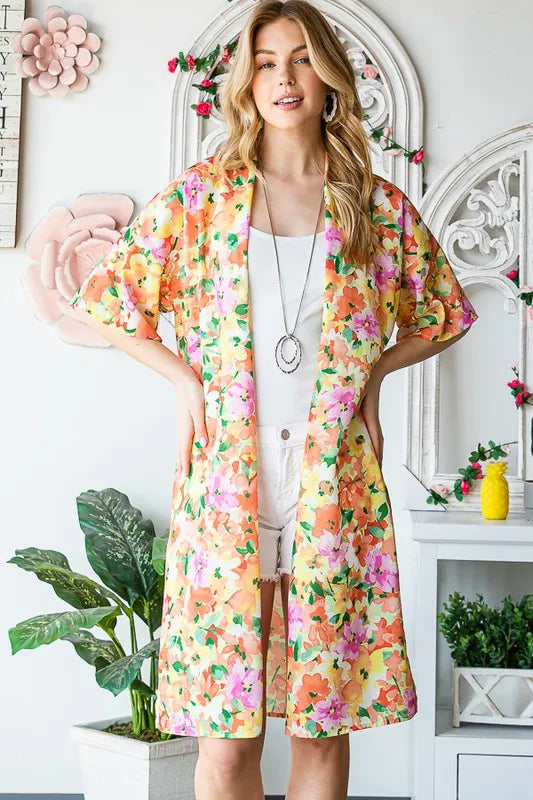 Heimish Full Size Half Sleeve Multi Color Floral Open Cardigan Plus Size - Velora Luxury Fashion