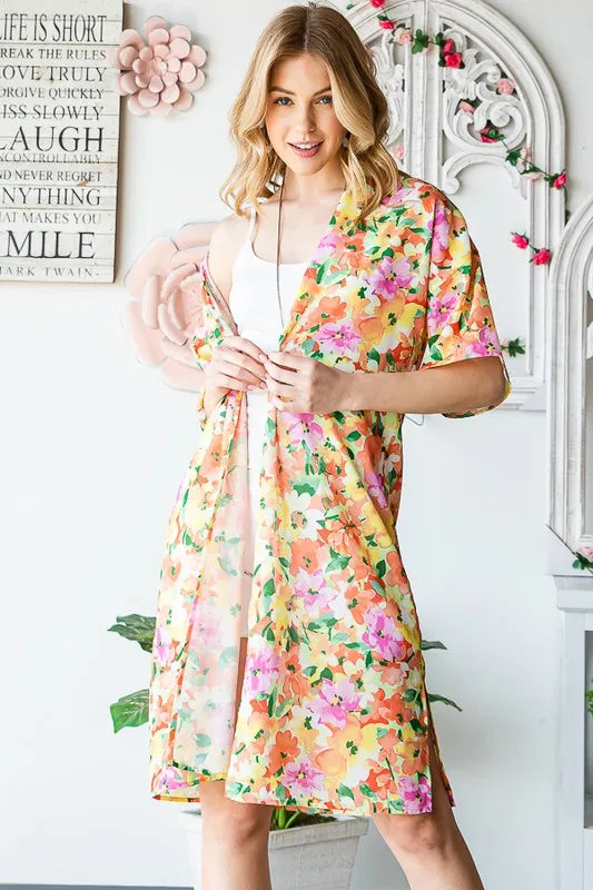 Heimish Full Size Half Sleeve Multi Color Floral Open Cardigan Plus Size - Velora Luxury Fashion