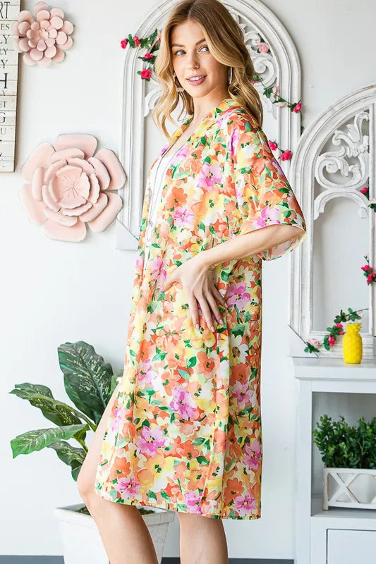 Heimish Full Size Half Sleeve Multi Color Floral Open Cardigan Plus Size - Velora Luxury Fashion