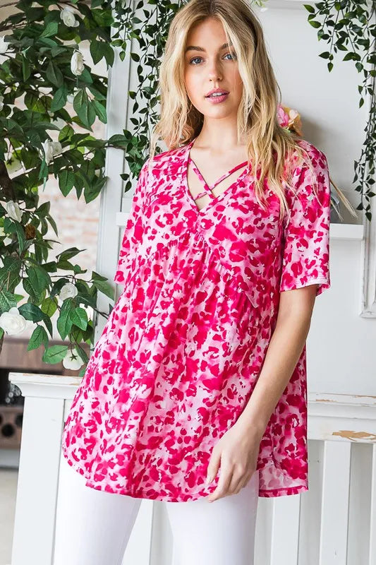 Heimish Full Size Short Sleeve Crisscross Animal Babydoll Top Plus Size - Velora Luxury Fashion