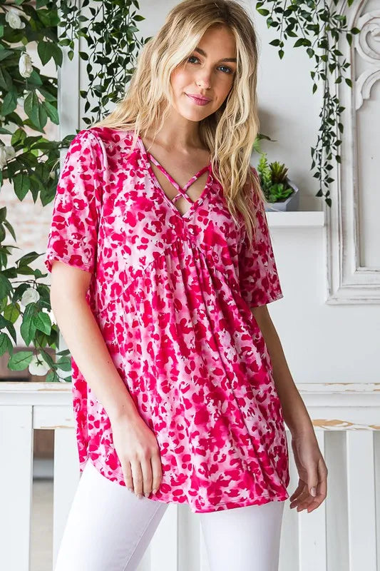 Heimish Full Size Short Sleeve Crisscross Animal Babydoll Top Plus Size - Velora Luxury Fashion
