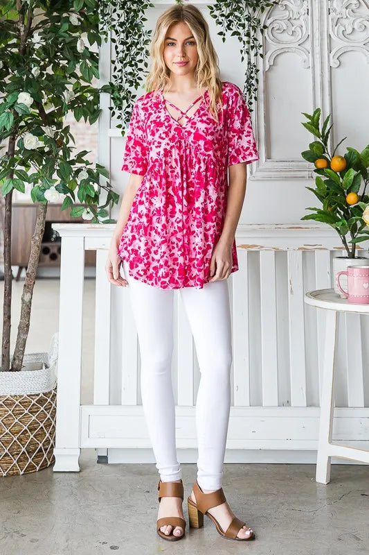 Heimish Full Size Short Sleeve Crisscross Animal Babydoll Top Plus Size - Velora Luxury Fashion