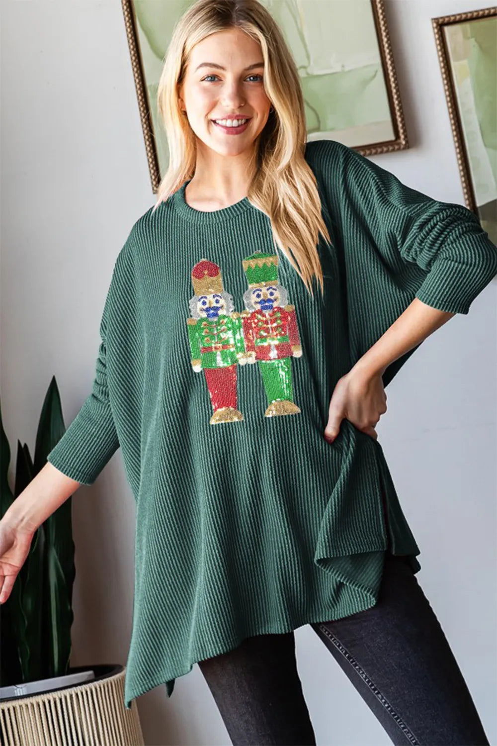 Heimish Sequin Nutcracker Long Sleeve Ribbed Top - Velora Luxury Fashion