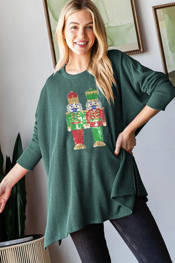 Heimish Sequin Nutcracker Long Sleeve Ribbed Top - Velora Luxury Fashion