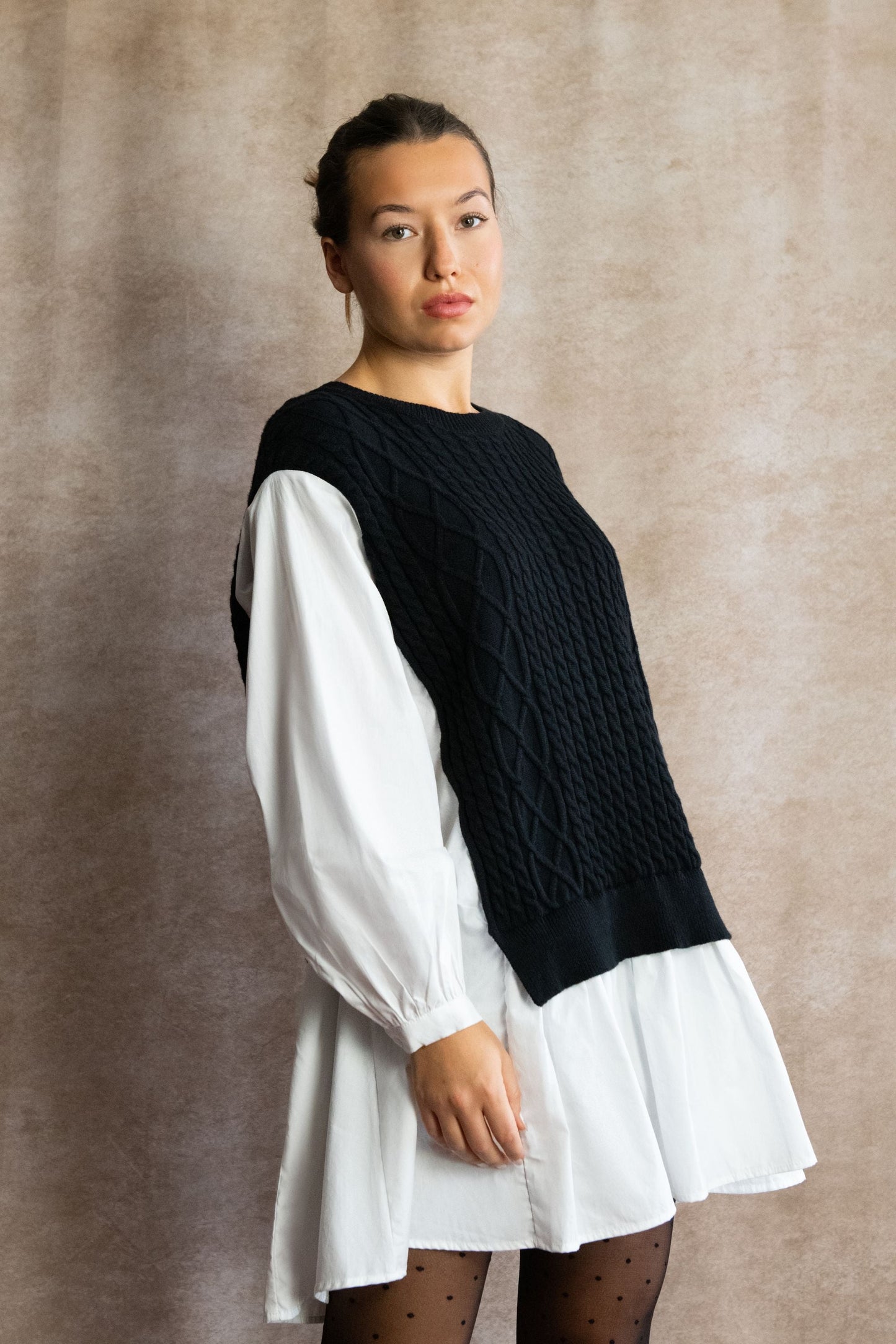 Helga Oversize Faux Layer Tunic Shirt Dress Cable Knit Sweater Trendy - Velora Luxury Fashion