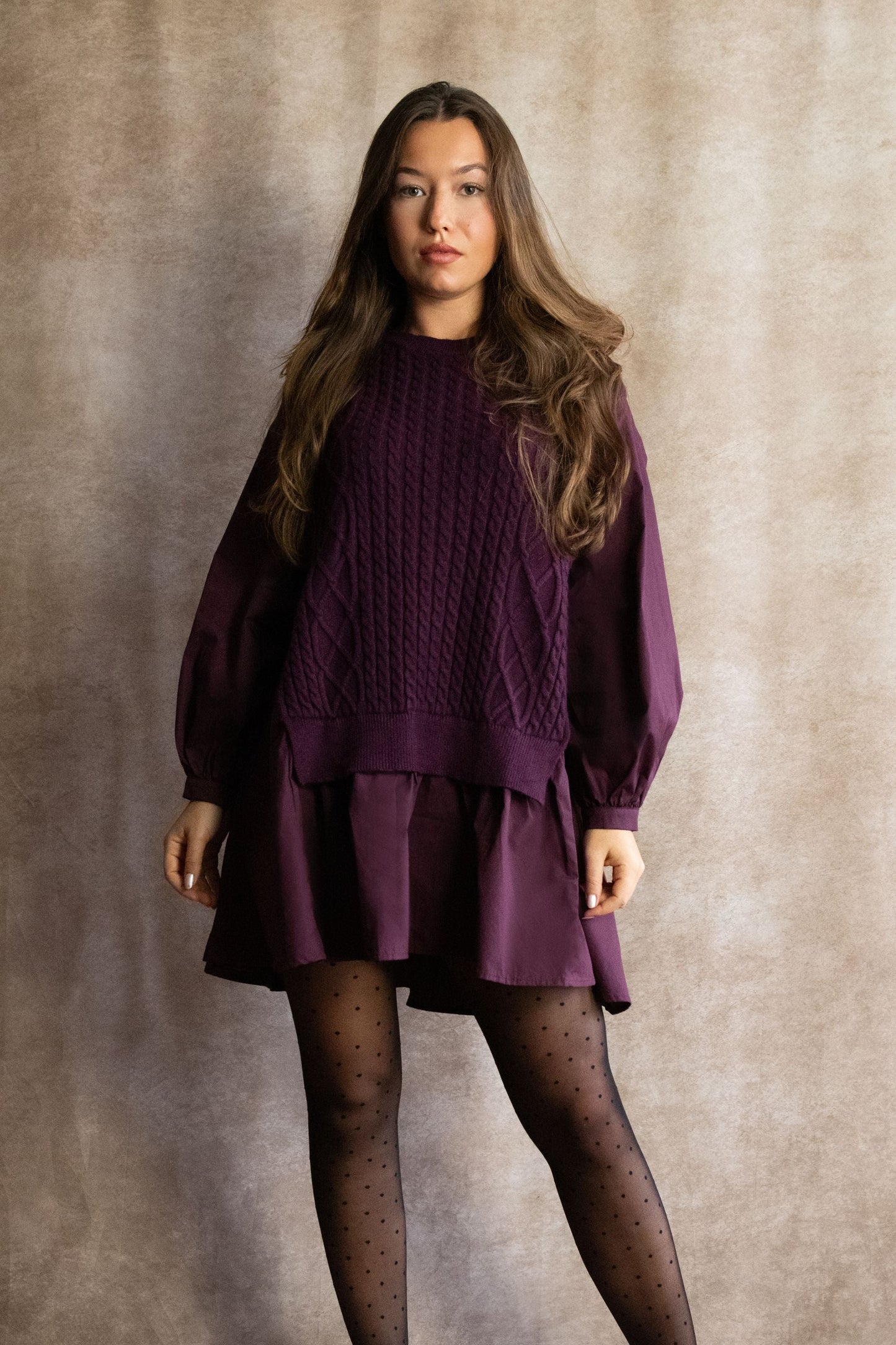 Helga Oversize Faux Layer Tunic Shirt Dress Cable Knit Sweater Trendy - Velora Luxury Fashion