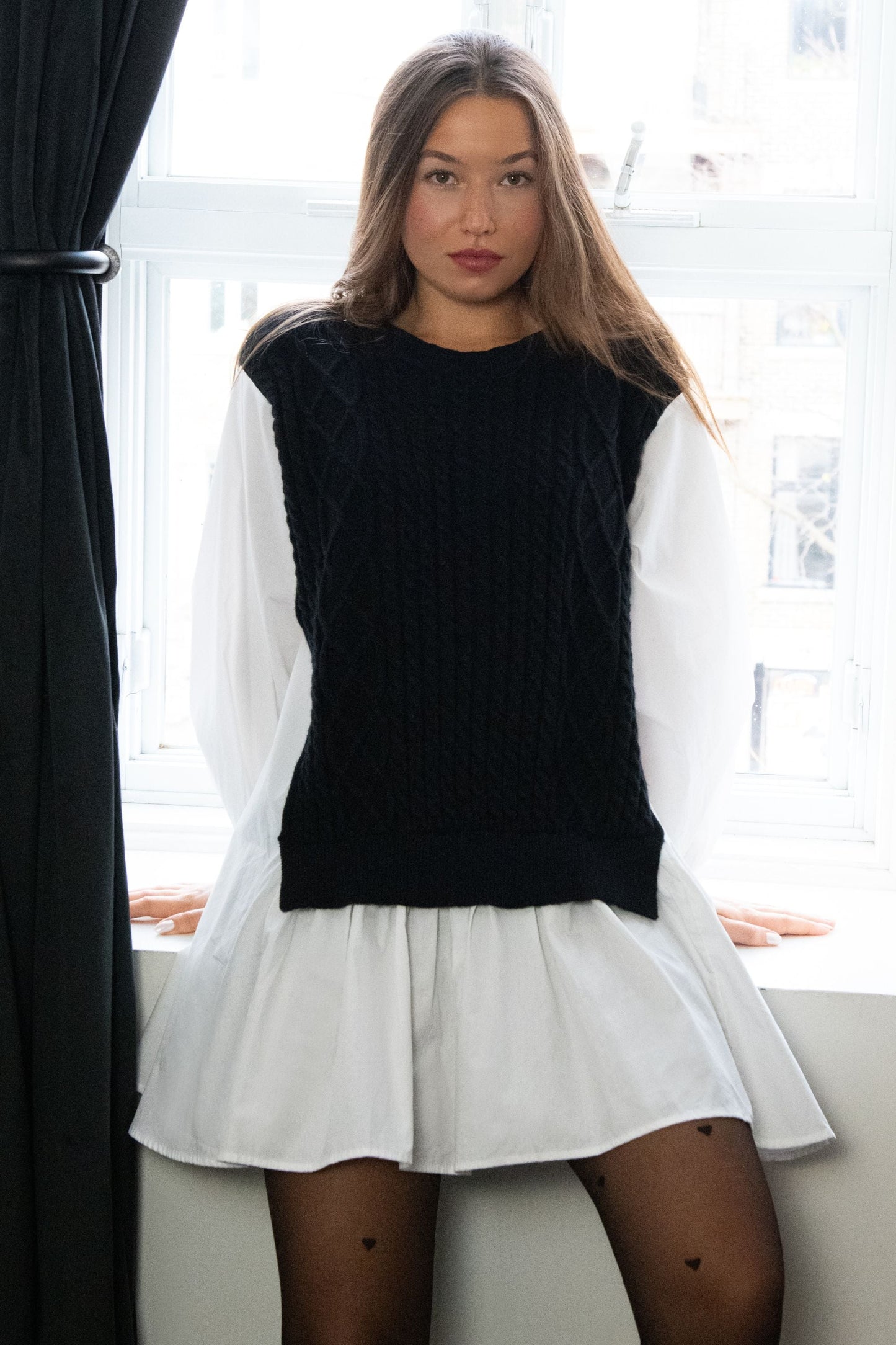 Helga Oversize Faux Layer Tunic Shirt Dress Cable Knit Sweater Trendy - Velora Luxury Fashion