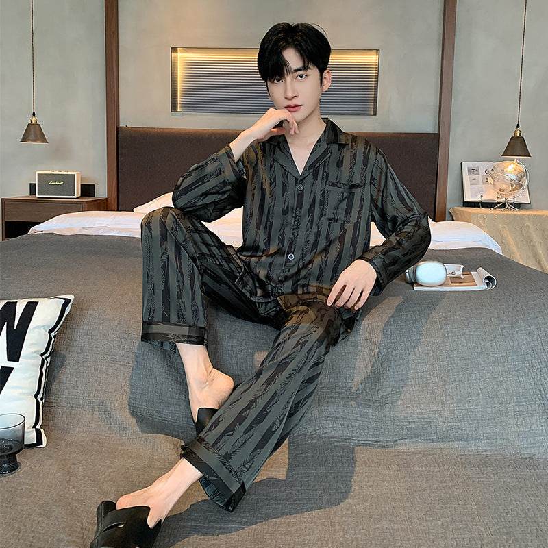 High-grade Ice Silk Men's Pajamas V-neck Thin Trousers Long Sleeve Two-piece Set EX-STOCK Canada