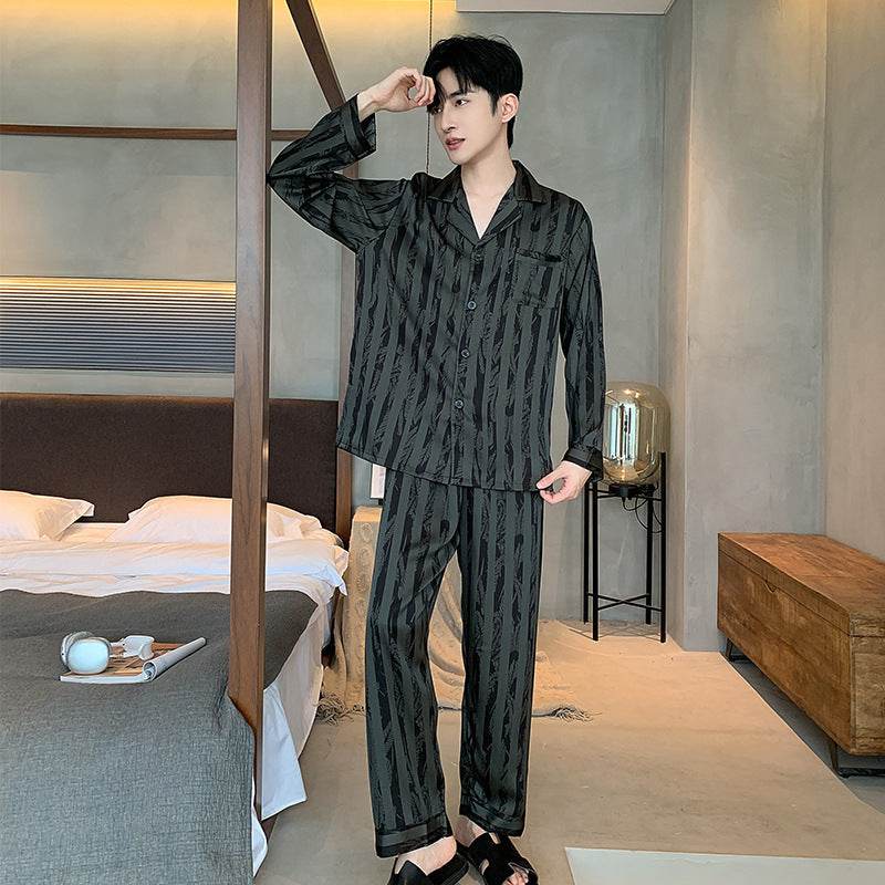 High-grade Ice Silk Men's Pajamas V-neck Thin Trousers Long Sleeve Two-piece Set EX-STOCK Canada