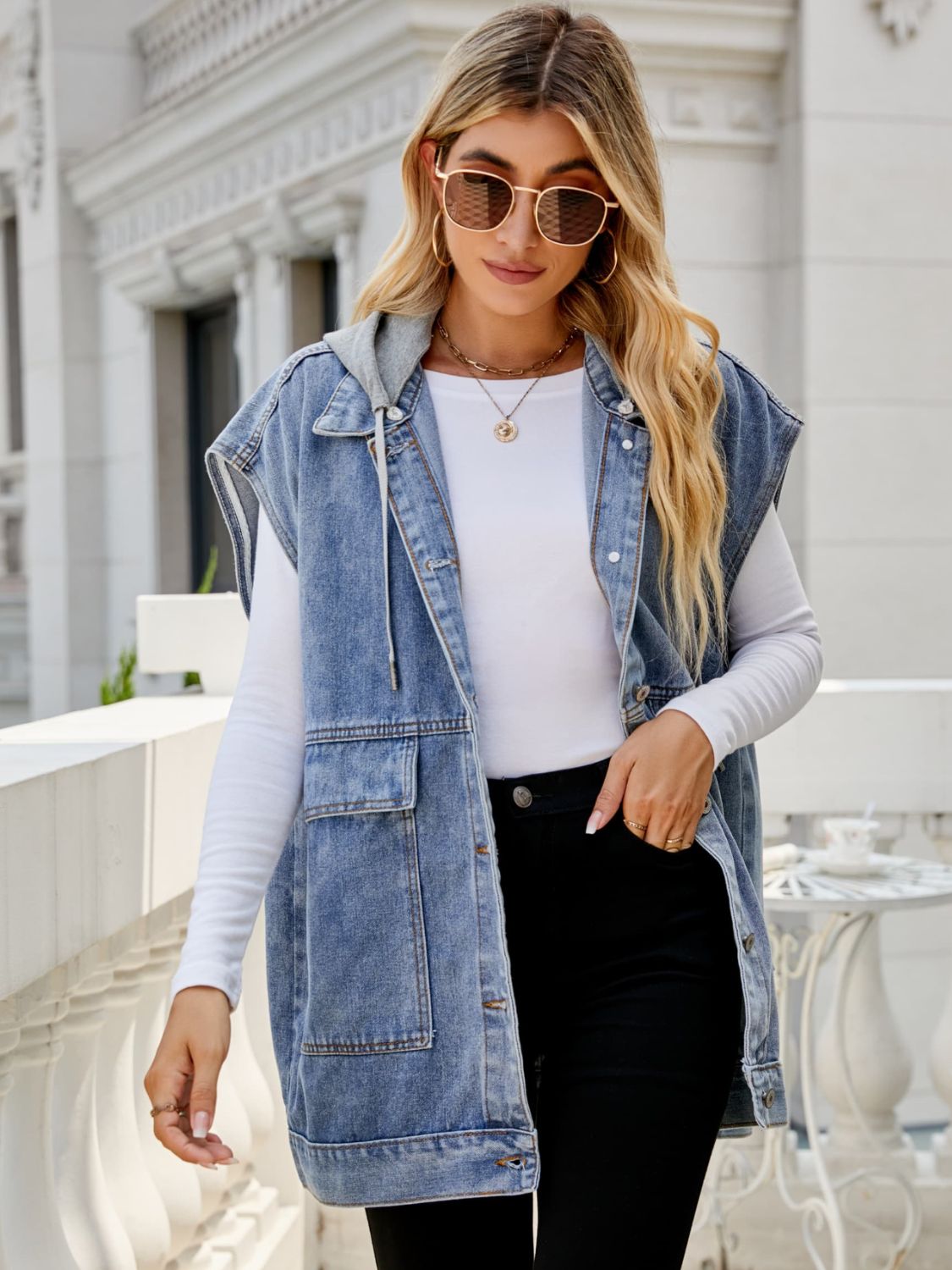 Hooded Sleeveless Denim Top with Pockets - Velora Luxury Fashion