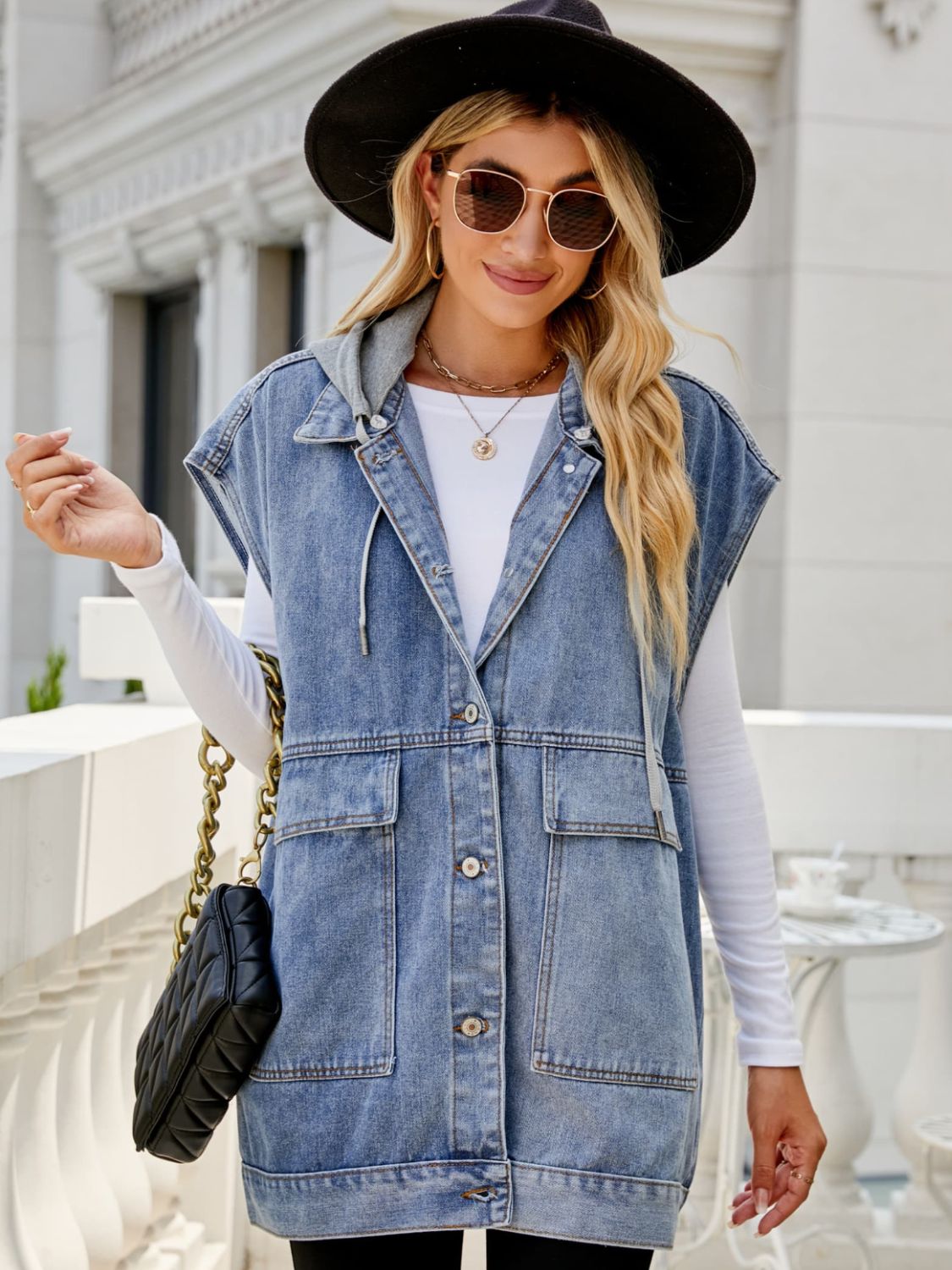 Hooded Sleeveless Denim Top with Pockets - Velora Luxury Fashion
