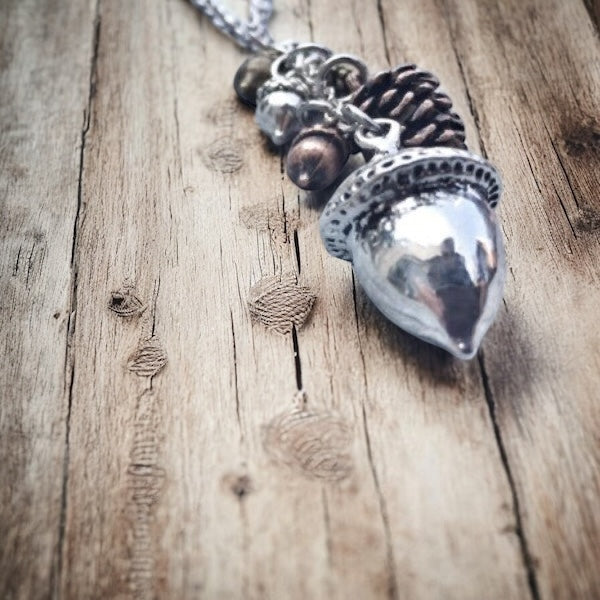 Acorn & Pinecone Necklace – Fall Woodland Pendant Gift - Velora