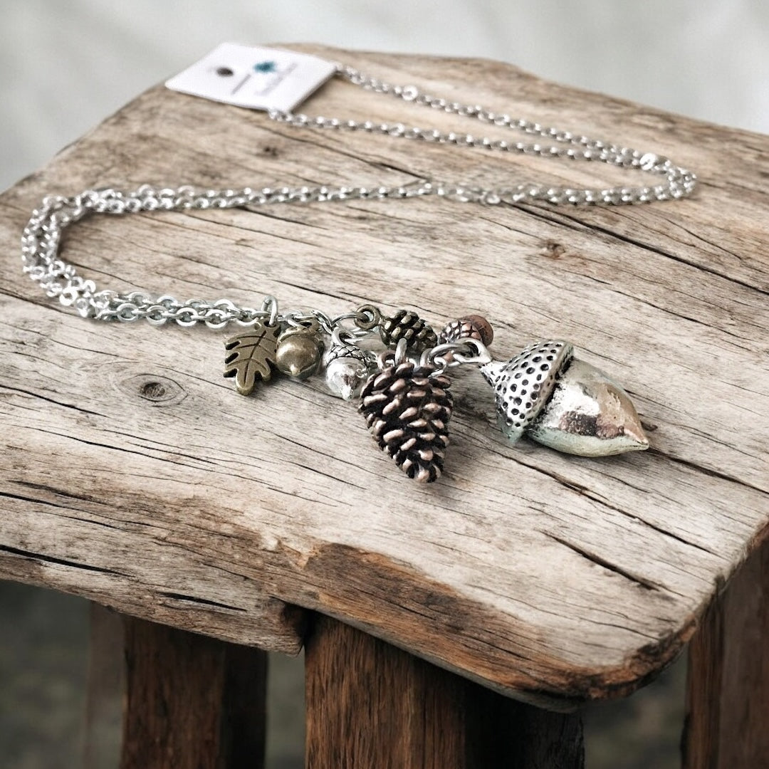 Acorn & Pinecone Necklace – Fall Woodland Pendant Gift - Velora