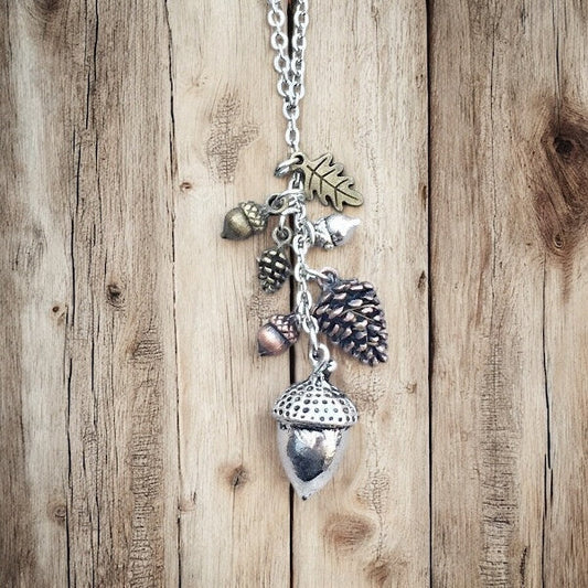 Acorn & Pinecone Necklace – Fall Woodland Pendant Gift - Velora