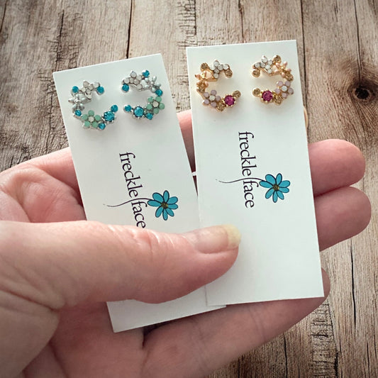 Crescent Bloom Stud Earrings – Floral Halo Design - Sparkle - Velora