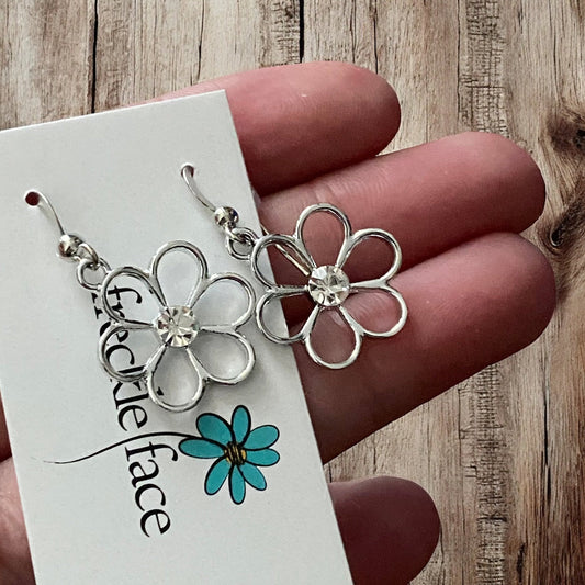 Cutie Patootie Flower Earrings – Silver Floral Dangles with Rhinestone Center - Velora