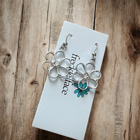 Cutie Patootie Flower Earrings – Silver Floral Dangles with Rhinestone Center - Velora