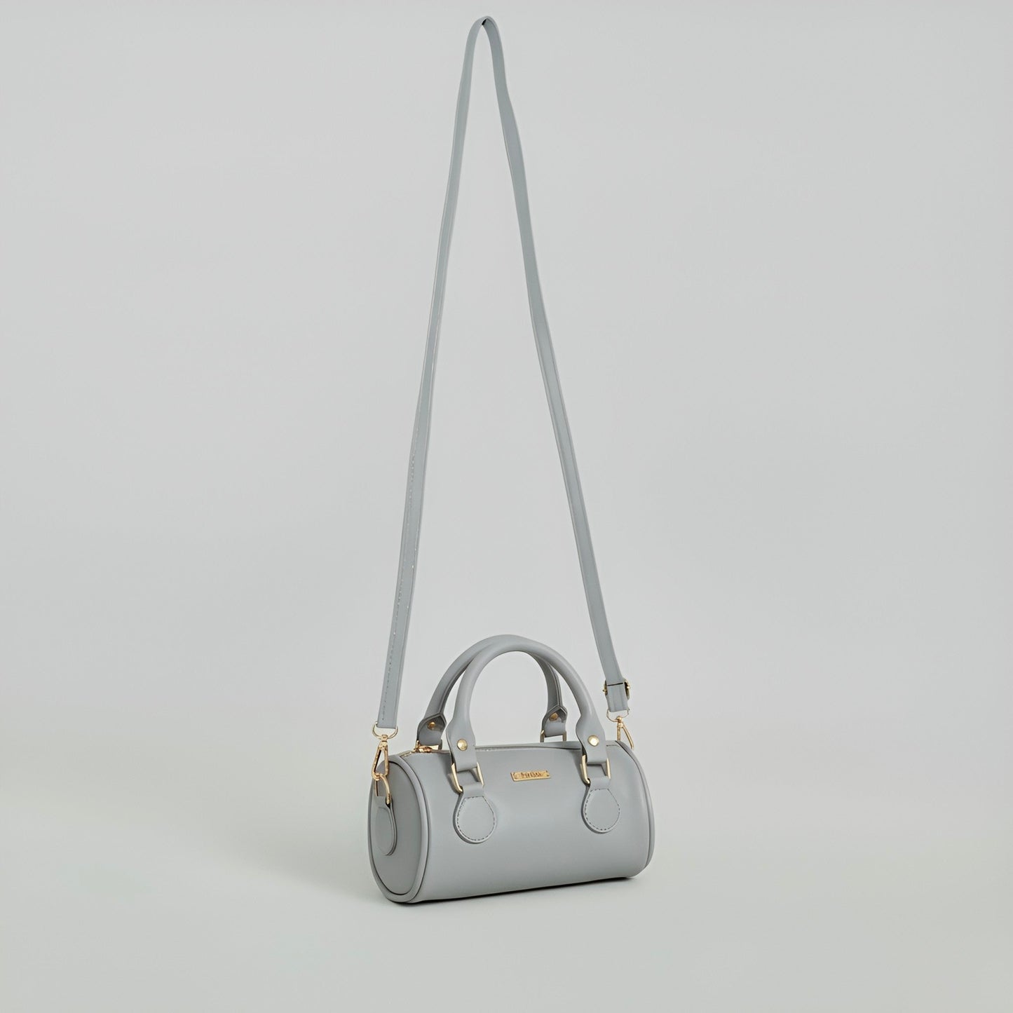 LIA - Elegant Round Mini Leather Bag with Long Strap, barrel bag - Gray & Black - Velora