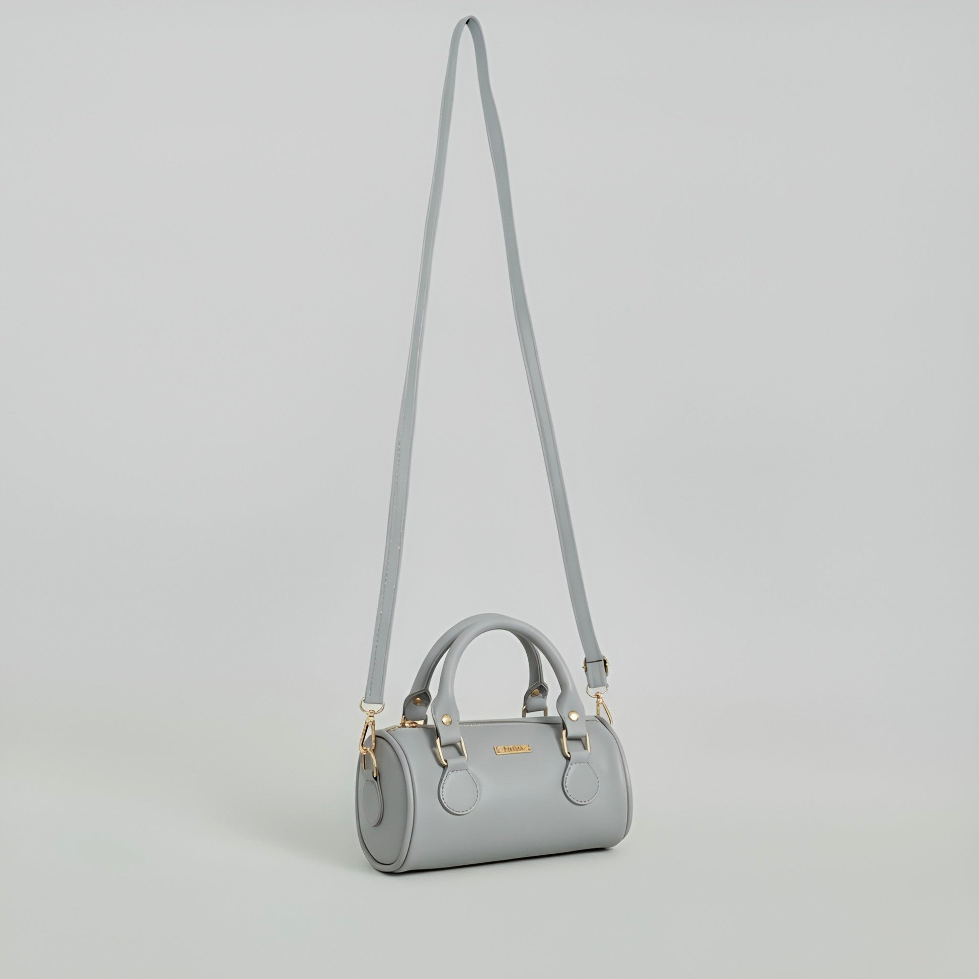 LIA - Elegant Round Mini Leather Bag with Long Strap, barrel bag - Gray & Black - Velora