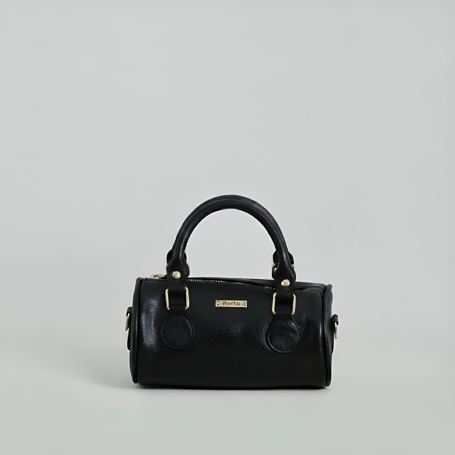 LIA - Elegant Round Mini Leather Bag with Long Strap, barrel bag - Gray & Black rottaofficial