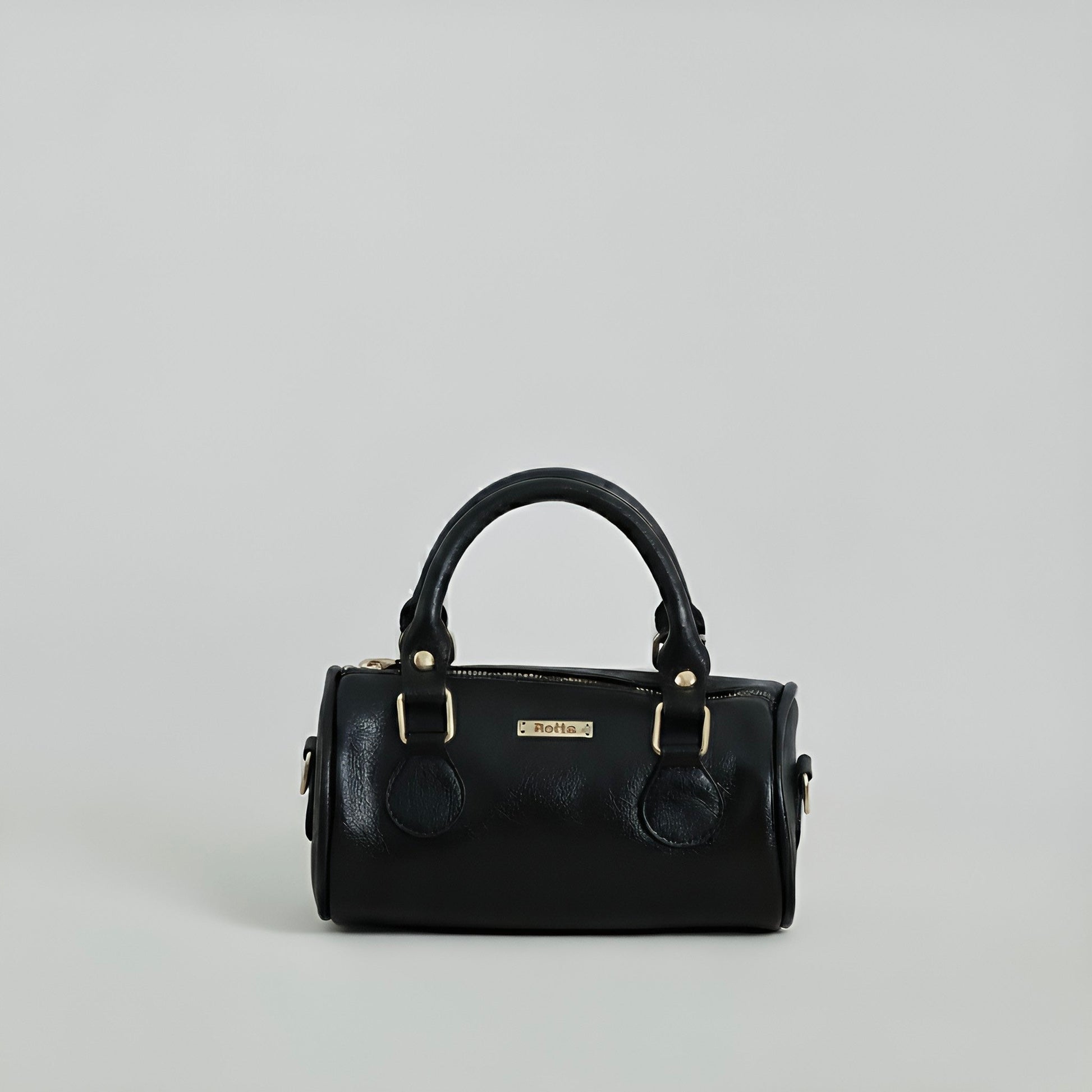 LIA - Elegant Round Mini Leather Bag with Long Strap, barrel bag - Gray & Black rottaofficial