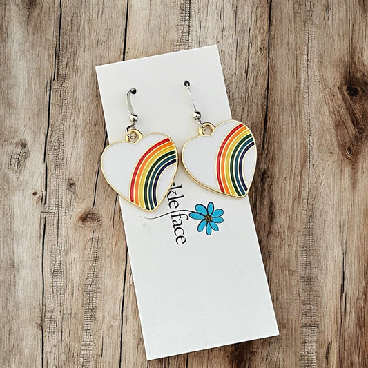 Rainbow Heart Hook Earrings – White Enamel & Multicolor Rainbow - Velora