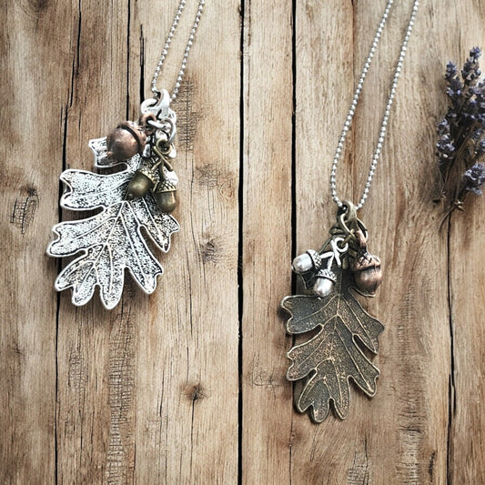 Oak Leaf & Acorn Necklace – Silver-Tone or Bronze-Tone Forest Pendant - Velora