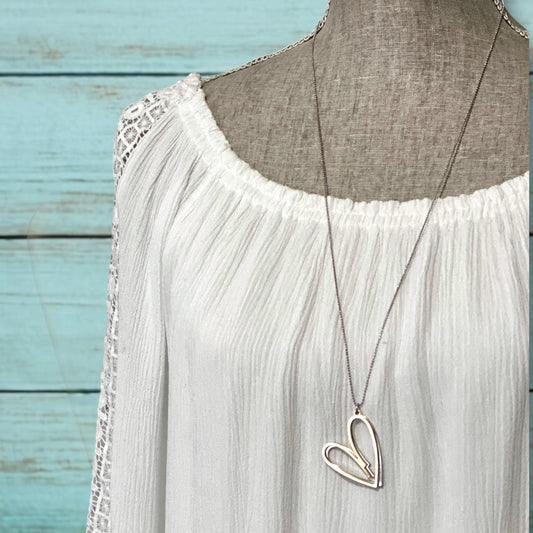 Double Heart Necklace – Long, Mixed Metals, Rose Gold & Silver Pendant - Velora