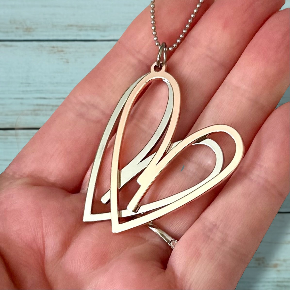Double Heart Necklace – Long, Mixed Metals, Rose Gold & Silver Pendant - Velora