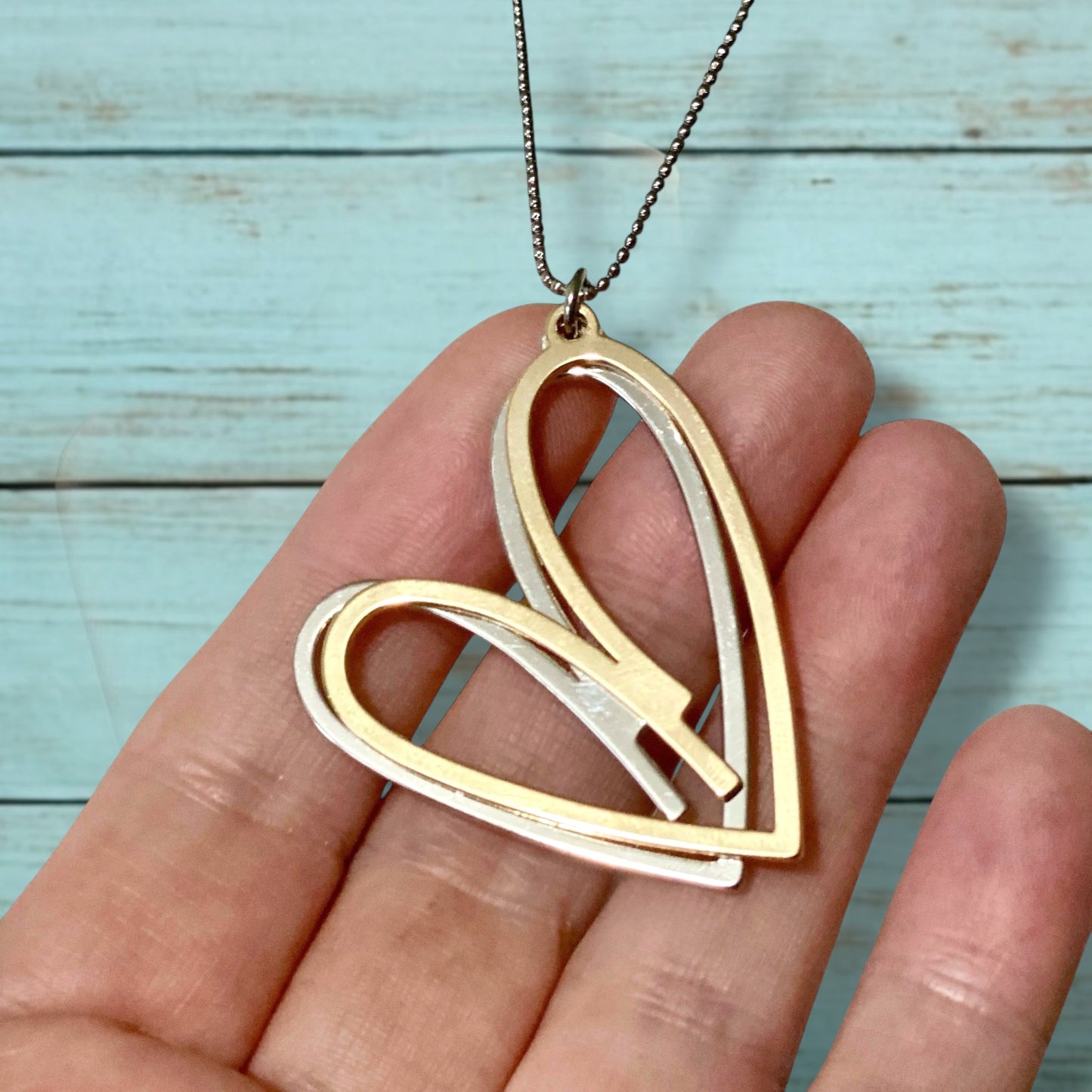 Double Heart Necklace – Long, Mixed Metals, Rose Gold & Silver Pendant - Velora