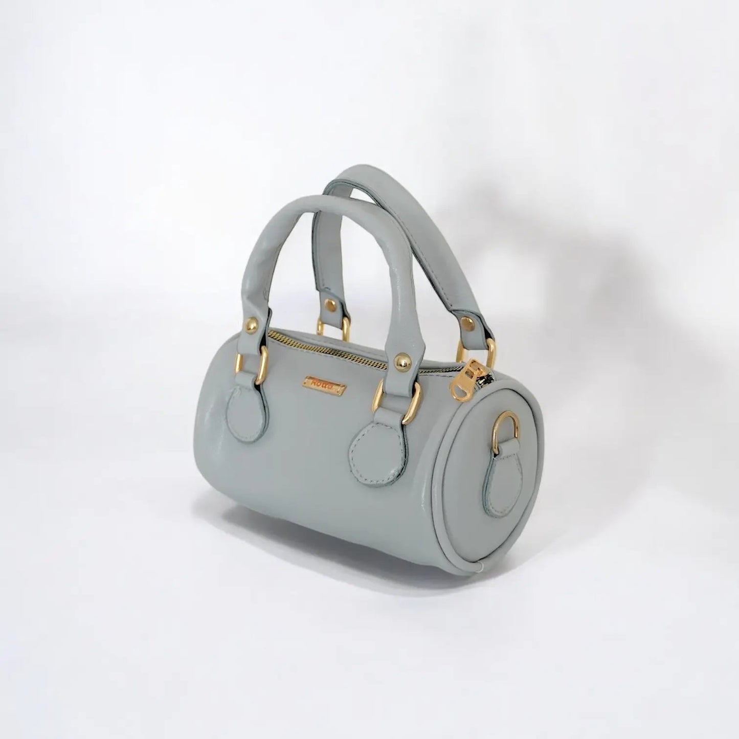 LIA - Elegant Round Mini Leather Bag with Long Strap, barrel bag - Gray & Black - Velora