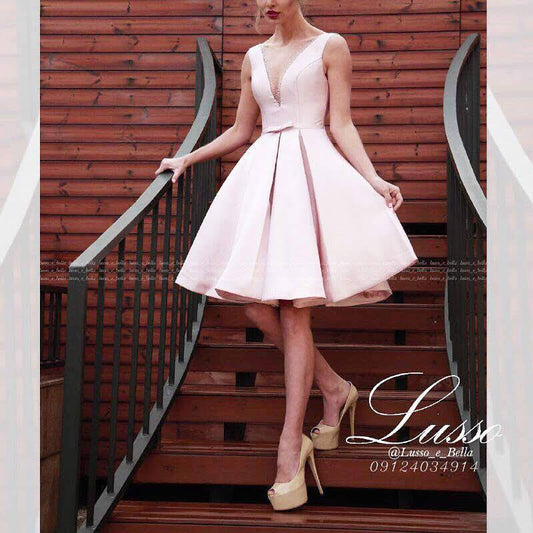 Taffeta Prom Deep V-Neck with Beading Short Dress