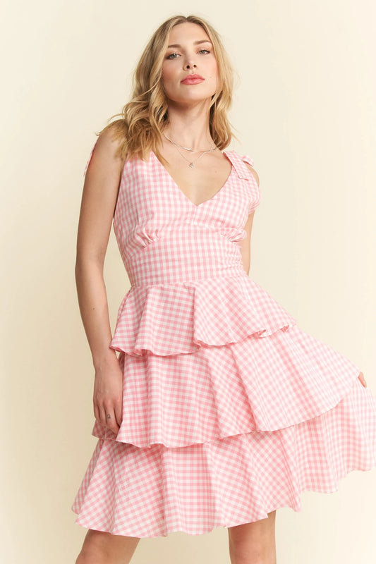 Jade By Jane Full Size Gingham Tiered Mini Dress Plus Size - Velora Luxury Fashion