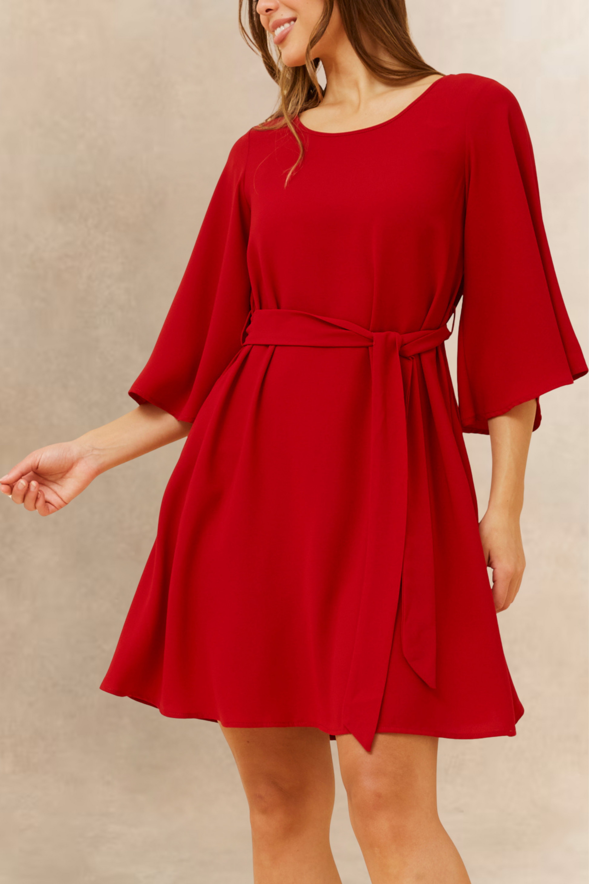 Jennifer Solid Belted Dress - Velora Luxury Fashion