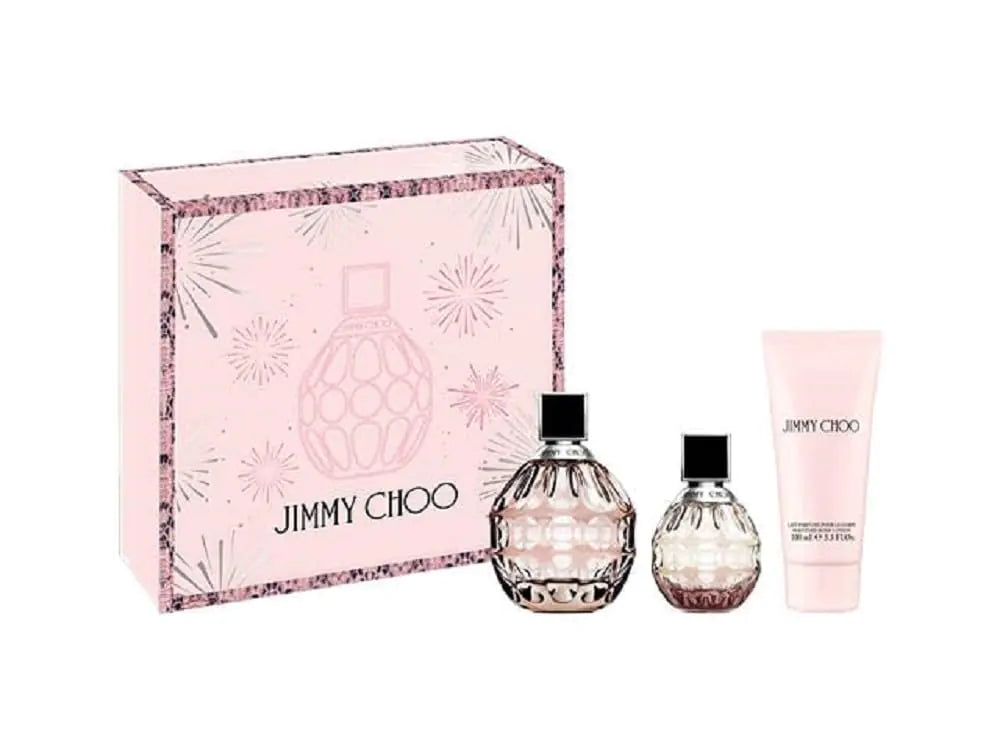 Jimmy Choo Signature Eau de Parfum 3 Piece Set - 3.3 fl. oz. & 1.3 fl. oz. Spray 3.3 fl. oz. Body Lotion - Long Lasting Fragrance with notes of Tea Rose Tiger Orchid & Cedarwood - Floral & Fruity - Velora Luxury Fashion