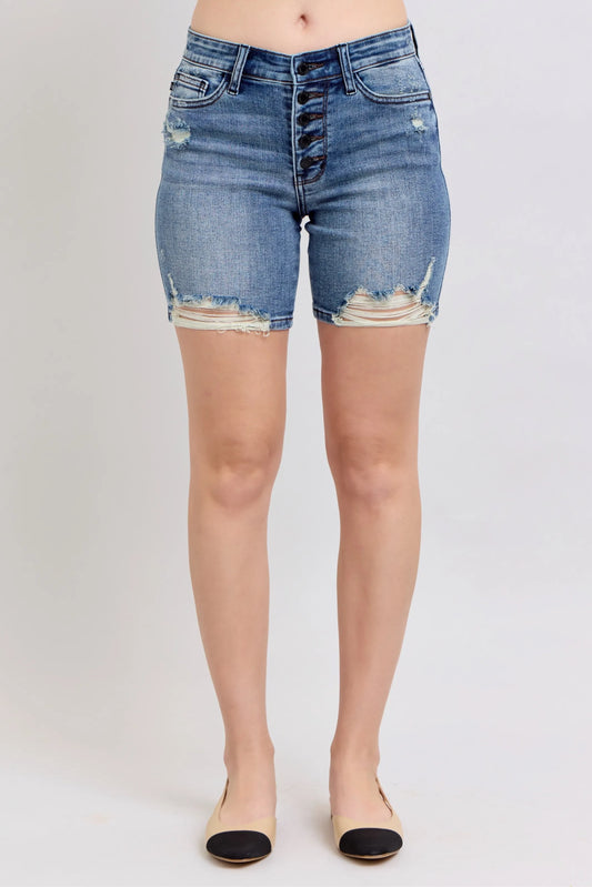 Judy Blue Button Fly Mid Length Denim Shorts W/ Destroy - Velora Luxury Fashion