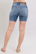Judy Blue Button Fly Mid Length Denim Shorts W/ Destroy - Velora Luxury Fashion