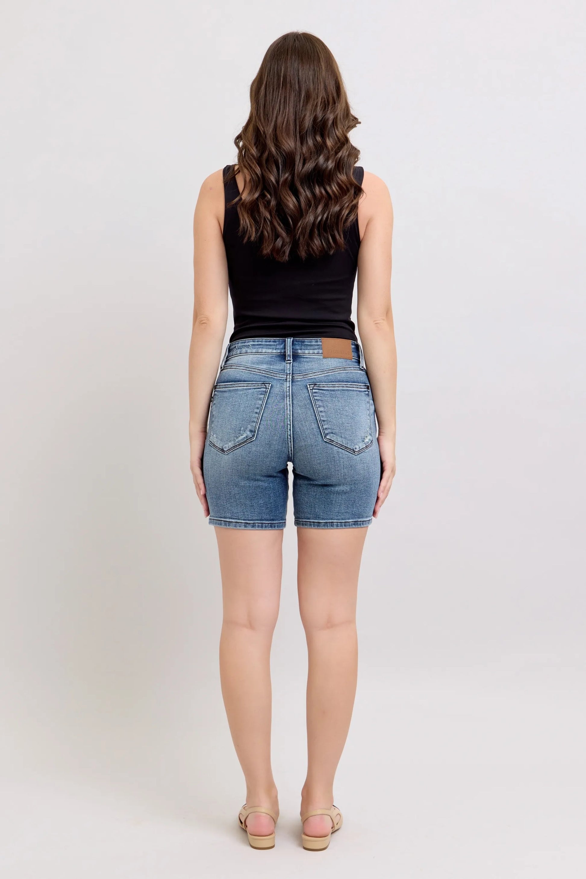 Judy Blue Button Fly Mid Length Denim Shorts W/ Destroy - Velora Luxury Fashion