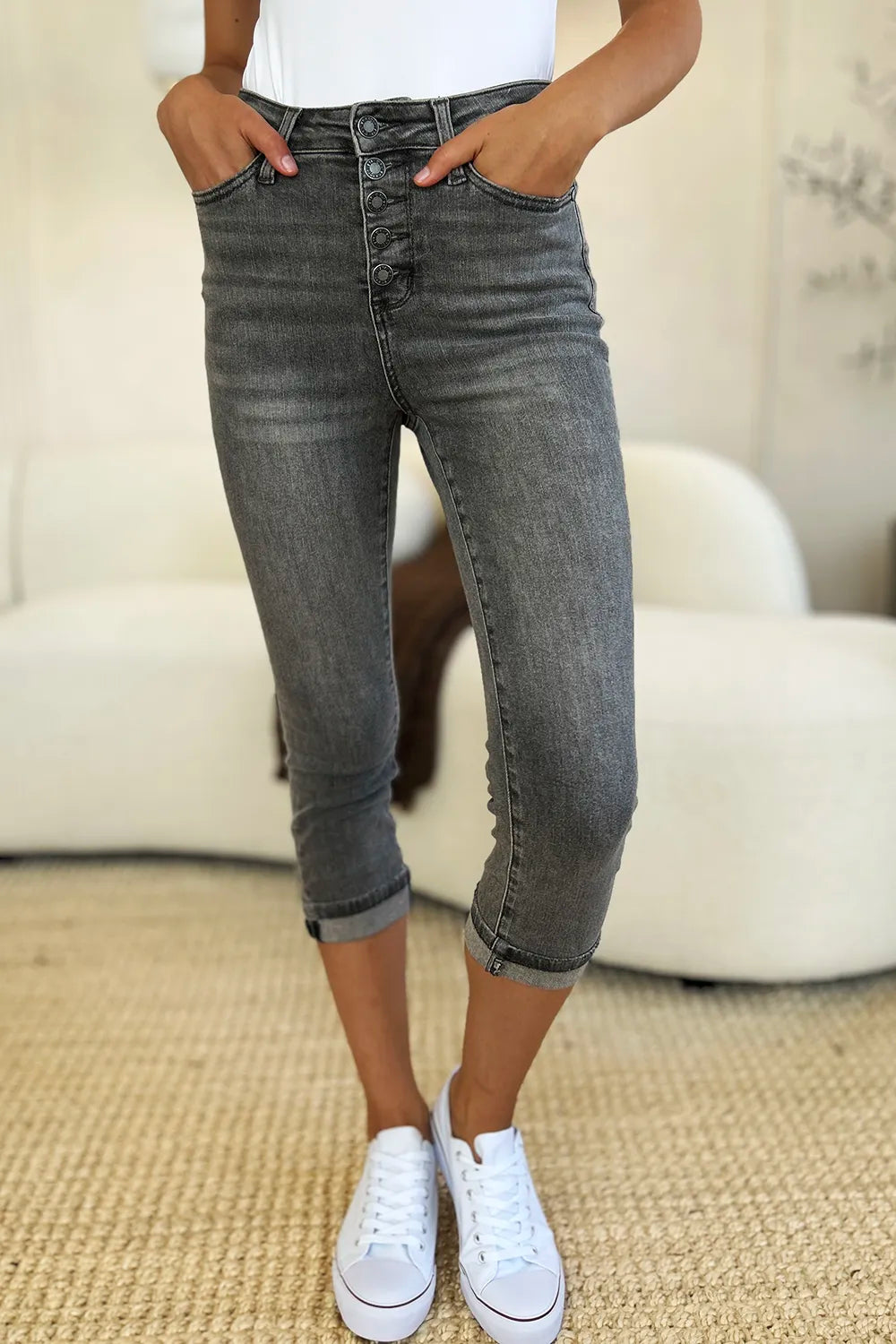 Judy Blue Full Size Button Fly High Waist Cuffed Capris - Velora Luxury Fashion