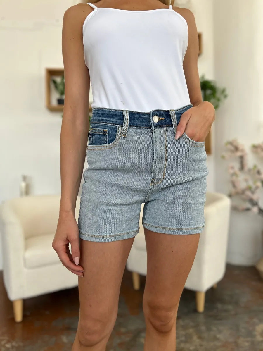 Judy Blue Full Size Color Block Denim Shorts - Velora Luxury Fashion