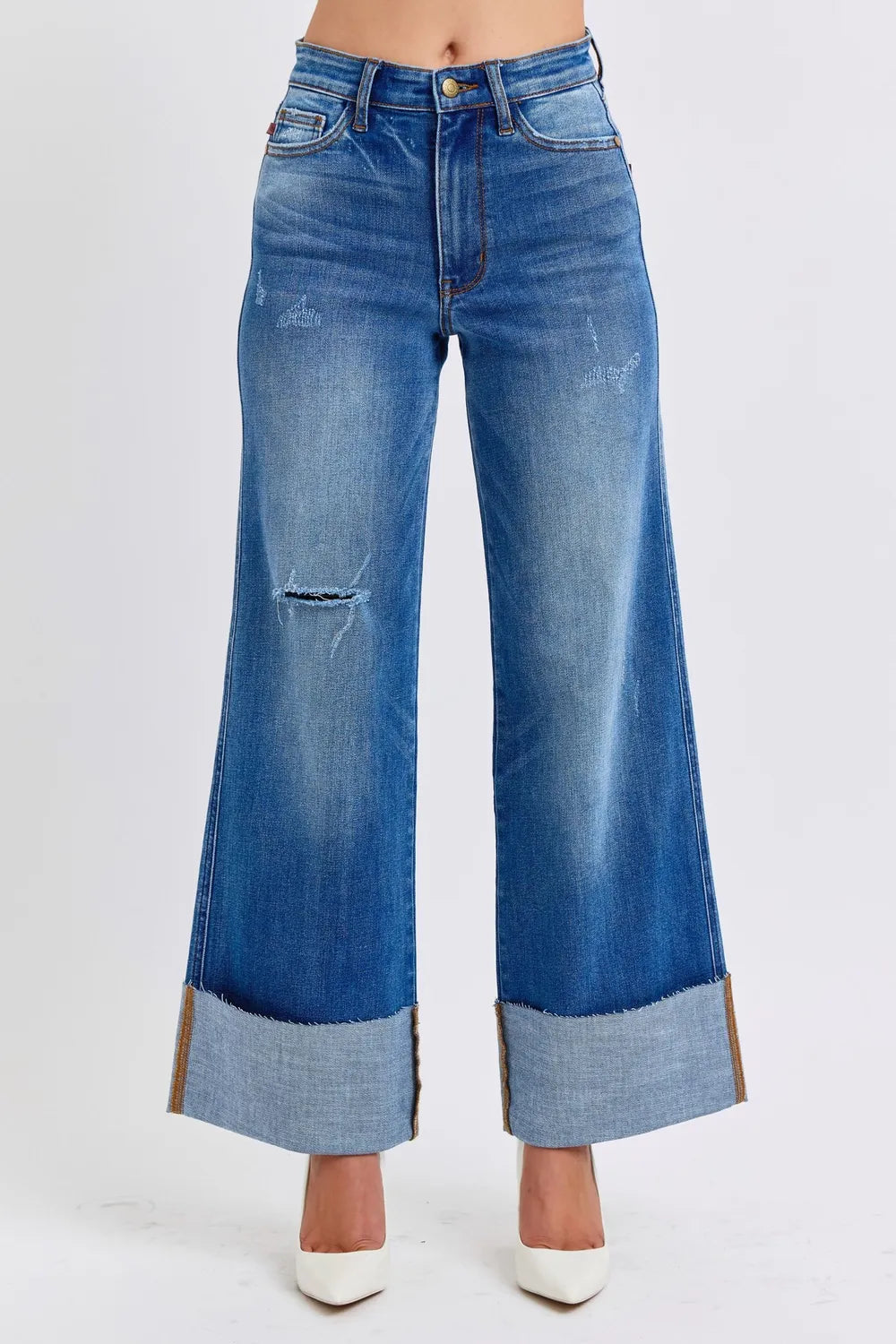 Judy Blue Full Size Distressed High Waist Wide Leg Jeans - Velora Luxury Fashion