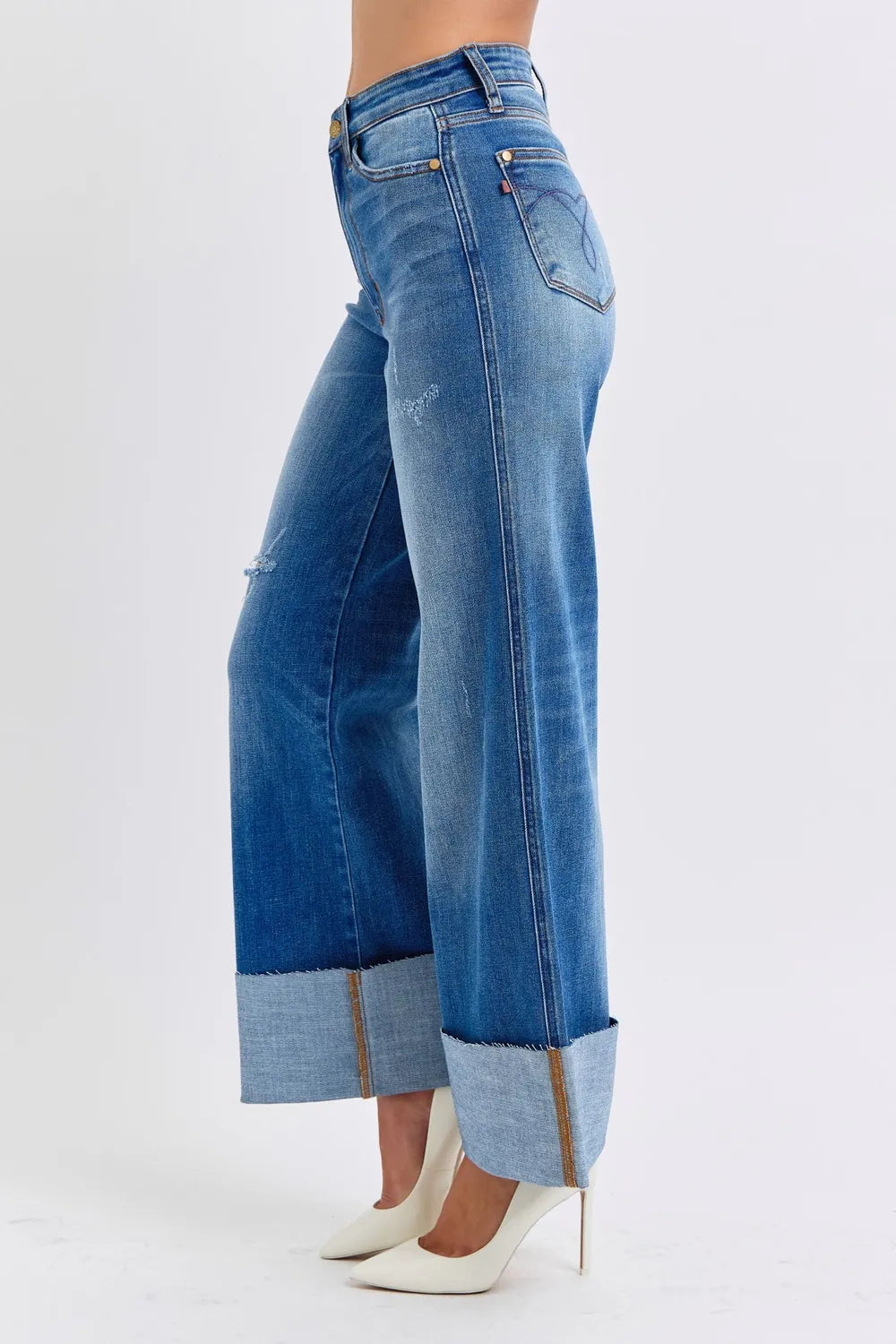 Judy Blue Full Size Distressed High Waist Wide Leg Jeans - Velora Luxury Fashion