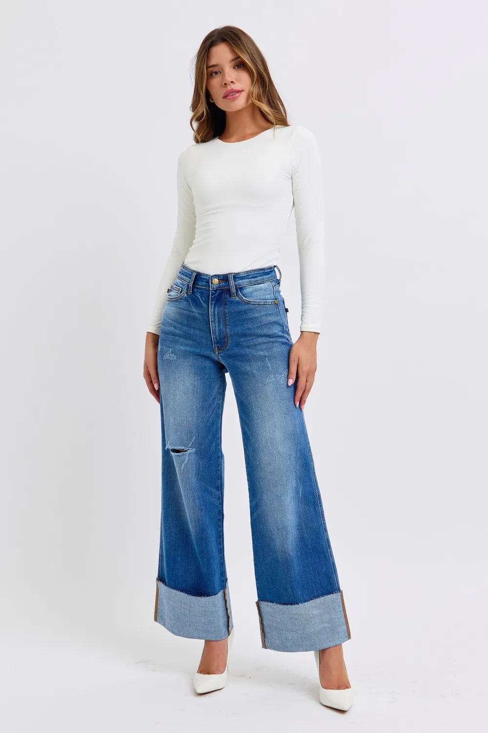 Judy Blue Full Size Distressed High Waist Wide Leg Jeans - Velora Luxury Fashion