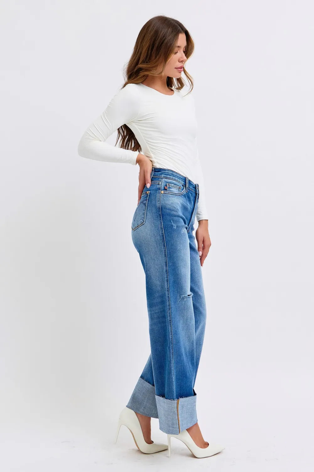 Judy Blue Full Size Distressed High Waist Wide Leg Jeans - Velora Luxury Fashion