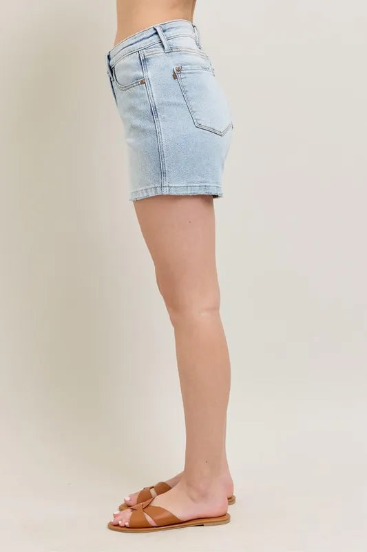 Judy Blue Full Size Frayed Hem High Rise Denim Shorts with Pockets Plus Size - Velora Luxury Fashion