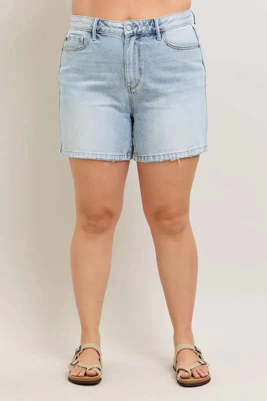 Judy Blue Full Size Frayed Hem High Rise Denim Shorts with Pockets Plus Size - Velora Luxury Fashion