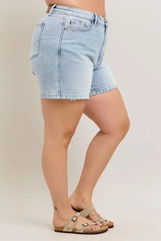 Judy Blue Full Size Frayed Hem High Rise Denim Shorts with Pockets Plus Size - Velora Luxury Fashion